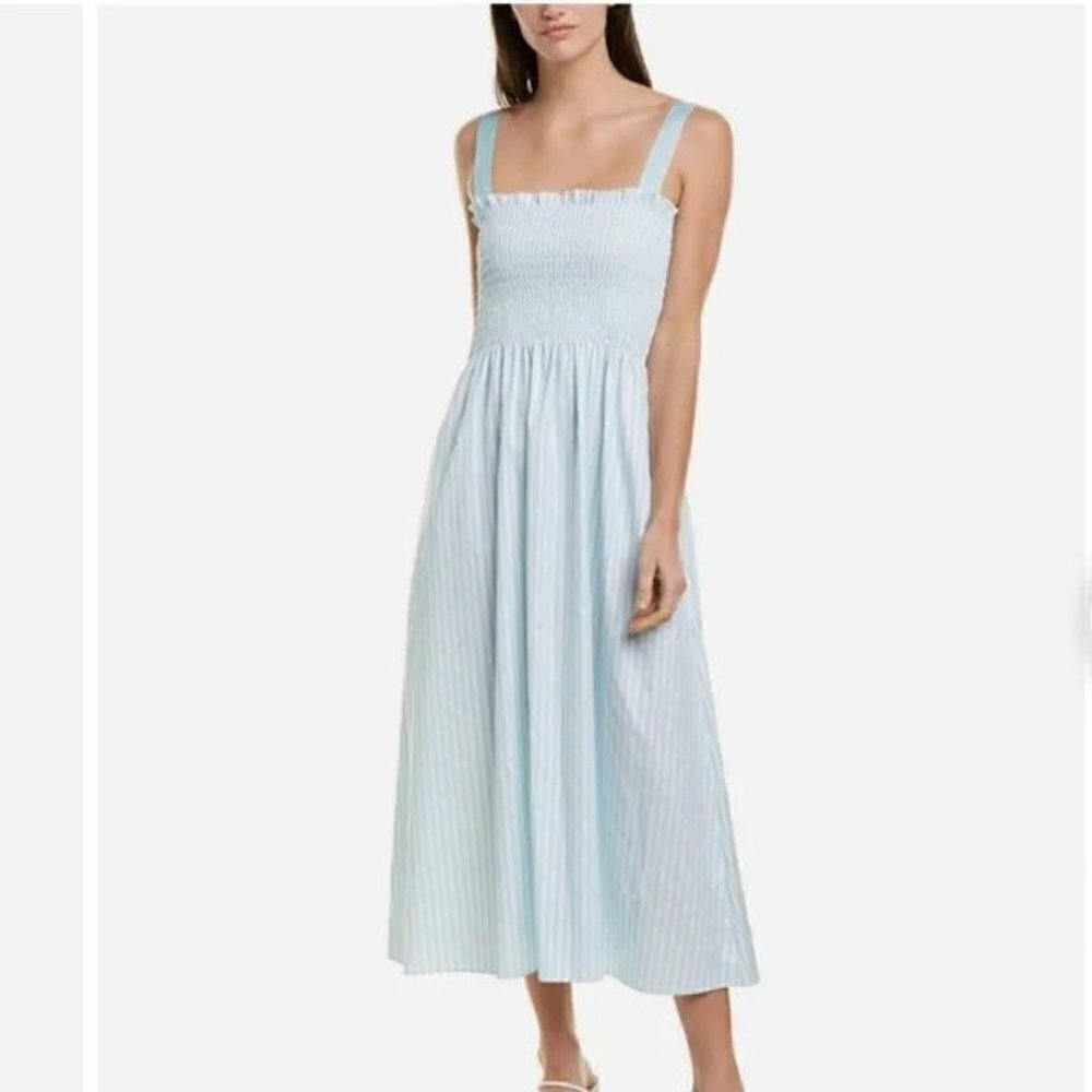 Petersyn Cherish Sriped Smocked Midi Dress Blue White Xs